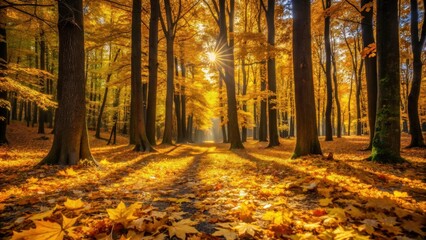 Obraz premium Golden Autumn Sunlight Illuminates a Path Through a Canopy of Trees