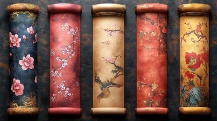 Traditional decorative scrolls featuring floral designs on textured backgrounds, ideal for art projects