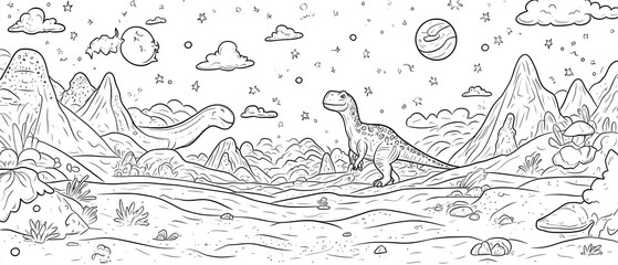 a simple coloring page of galactic landscapes with dinosaurs, rainbow