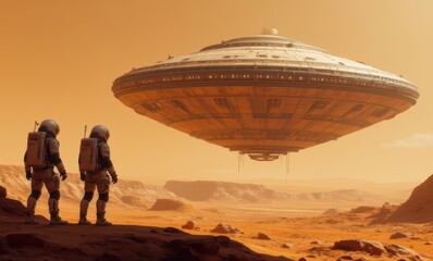 Two astronauts gaze at a UFO.