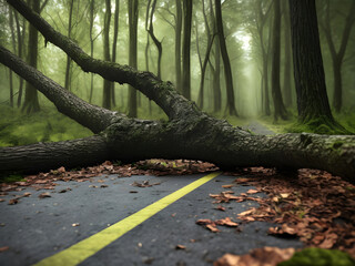 Large fallen tree blocking road