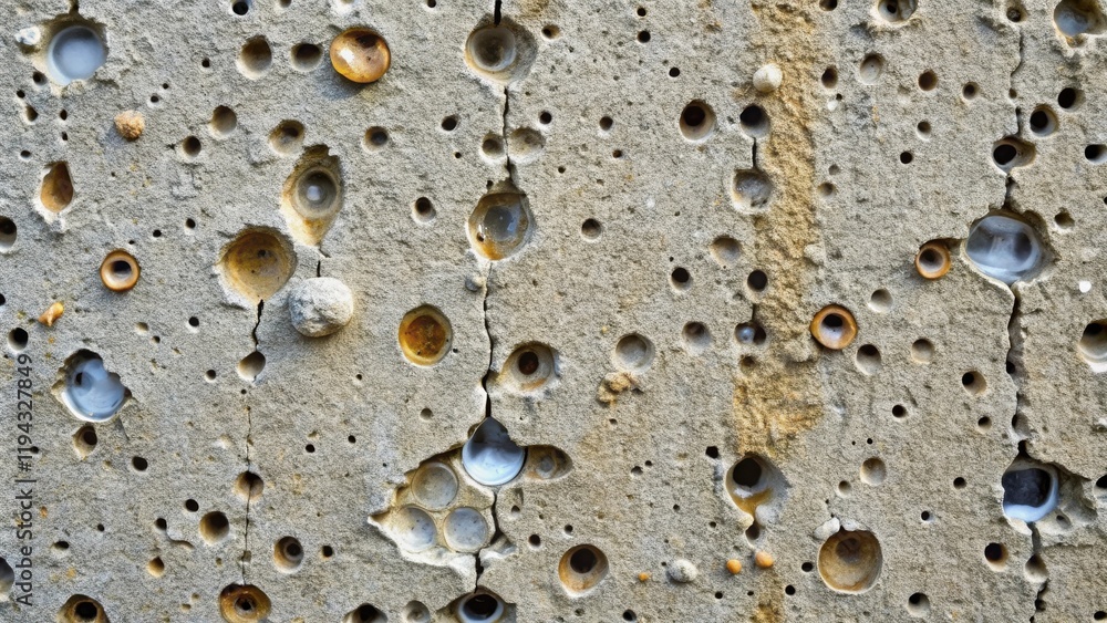 Poster textured stone surface with numerous small holes and embedded objects