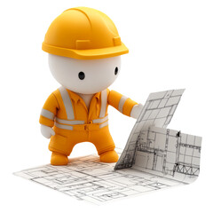 3D Plasticine Figure with Helmet and Site Plan on Transparent Background