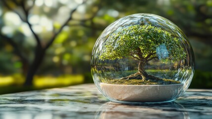 Miniature tree in a glass sphere on a marble surface.