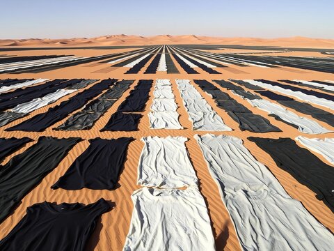 Clothing lines in Sahara desert, diminishing sizes towards horizon, structured layout, floor, straight