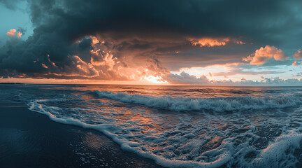 Brazilian beach panorama view with foam waves before storm, sea or ocean water under sunset sky with dark blue clouds. Background summer