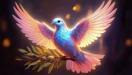 Obraz premium dove holding a softly glowing olive 