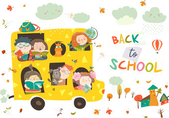 Children on the way to school. Back to school. Vector illustration