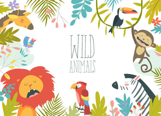 Happy jungle animals creating a framed background. Vector illustration © Maria Starus