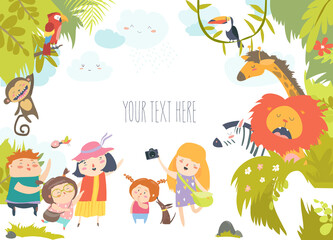 Happy children in zoo with wild african animals. Vector illustration