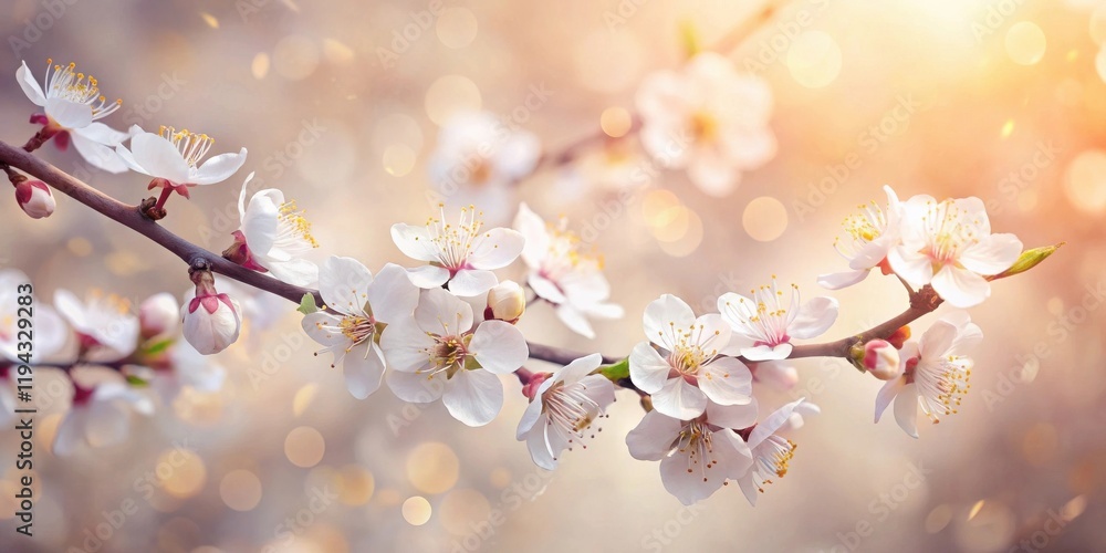 Poster delicate spring blossoms on a branch, soft sunlight and bokeh background