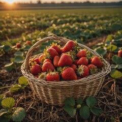 A basket of fresh-picked strawberries on a farm field during golden hour.