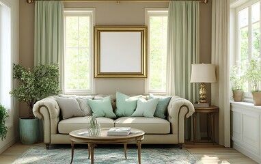 Fototapeta premium Elegant living room interior design, sunlight, pastel tones, mock-up frame, home decor