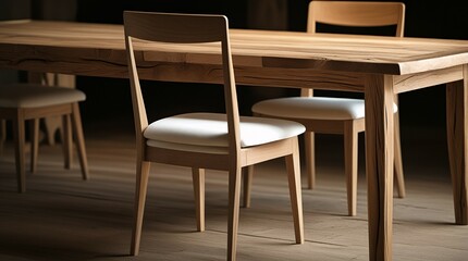 Simple wooden chairs with straight backs and white cushions, surround a natural colored dining table.