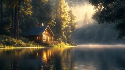 Fototapeta premium A picturesque log cabin beside a mirror-like lake, surrounded by a dense forest, soft sunlight highlighting the cabin and creating a stunning reflection in the water, serene and captivating scene,