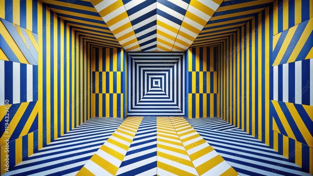 Poster abstract room with yellow and blue stripes, creating a dynamic optical illusion