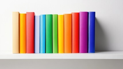 Colorful books arranged in rainbow spectrum on white shelf