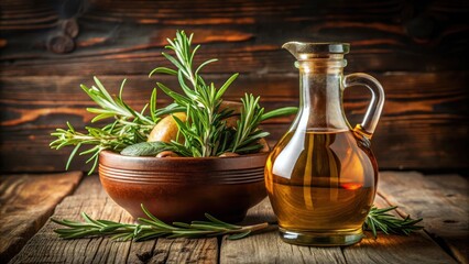 Olive oil and wine vinegar infused with rosemary and sage in a rustic terracotta jug , Mediterranean
