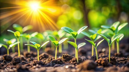 Vibrant Young Seedlings Emerging in Rich Soil Basking in Warm Sunlight