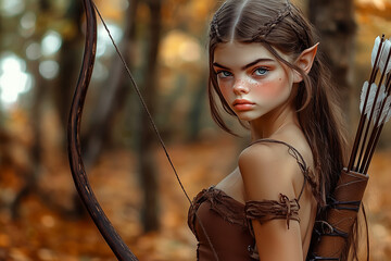 Beautiful woman forest elf with a bow on a dense forest background..