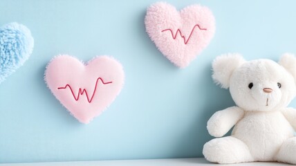 Obraz premium Plush hearts with heartbeat patterns and stuffed bear on light blue background