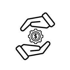 Coin icon. financial gear in hand. money management vector, business and finance icon. line design style. for financial education, web, management