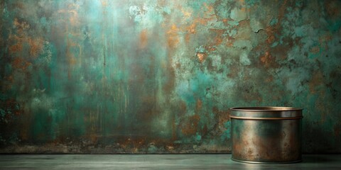 Rustic patina backdrop featuring a weathered metallic container ideal for product display or design inspiration.