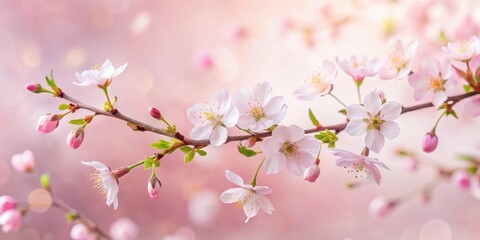 Obraz premium Delicate cherry blossom branches against a soft pink background, with a few loose petals scattered around the stems, tender flowers, floral photography