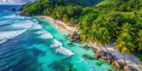 Aerial view of a tropical beach with waves gently lapping at the shore in Seychelles, surrounded by swaying palm trees and vibrant marine life, tropical, Indian Ocean