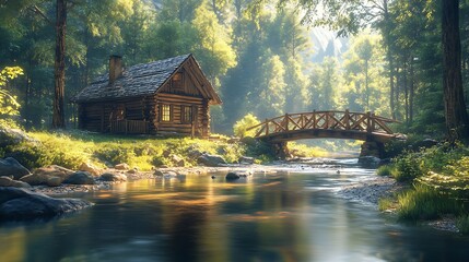 Fototapeta premium A picturesque log cabin next to a crystal-clear brook, with a rustic wooden bridge spanning the water, soft sunlight illuminating the forested surroundings, tranquil and natural setting,