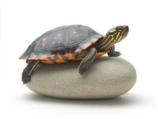 Obraz premium Turtle Resting on a Smooth Stone in a Minimalist Setting with Natural Elements