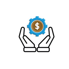 Coin icon. financial gear in hand. money management vector, business and finance icon. mixed design style. for financial education, web, management