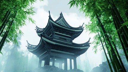 Serene Asian Architecture Surrounded by Lush Bamboo Forest