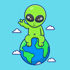 illustration cute cartoon alien sit down on earth