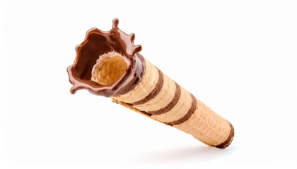Crunchy wafer roll covered in chocolate on white background