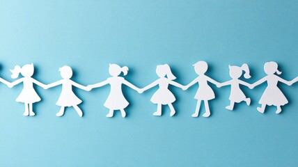 Paper cutout of children holding hands on blue background