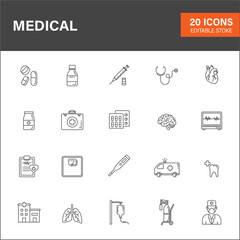 Medical editable stroke outline icons 