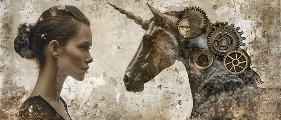 A thoughtful female profile, artistically juxtaposed with a regal, gear-crafted unicorn