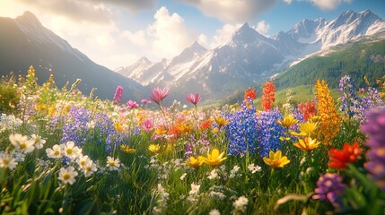 Fototapeta premium A serene meadow with wildflowers blooming in various colors under a soft morning light