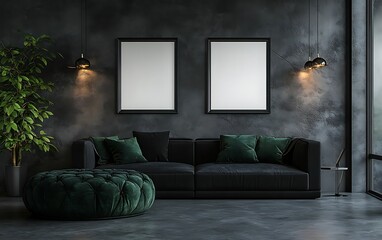 Dark living room interior design, modern sofa, green ottoman, empty frames, city view