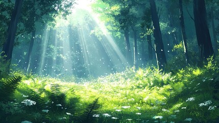 A serene forest with sunlight filtering through dense green canopies, dew-kissed ferns in the foreground