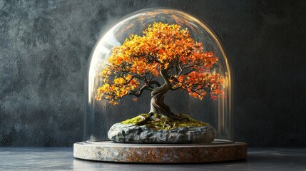 Autumn bonsai tree under glass dome.