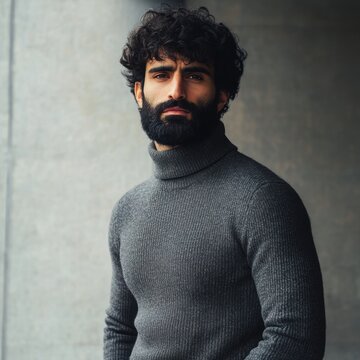 Stilvoller Mann mit Bart in grauem Rollkragenpullover