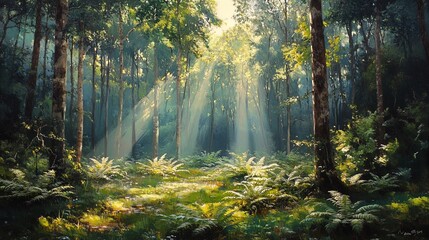 Obraz premium A serene forest with sunlight filtering through dense green canopies, dew-kissed ferns in the foreground