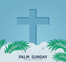 Palm sunday greeting card clipart design. Hosanna the king jesus christ is risen with cross symbol and papercut clouds for catholic god resurrection background. Vector illustration happy easter sunday