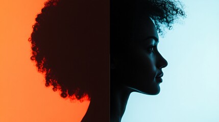 Profile Silhouette of Woman with Curly Hair against Colorful Backgrounds