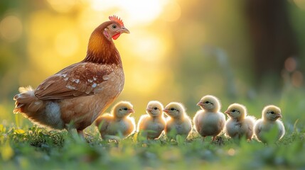 A mother hen leads her seven fluffy chicks through a sunlit meadow, with a warm golden glow in the background