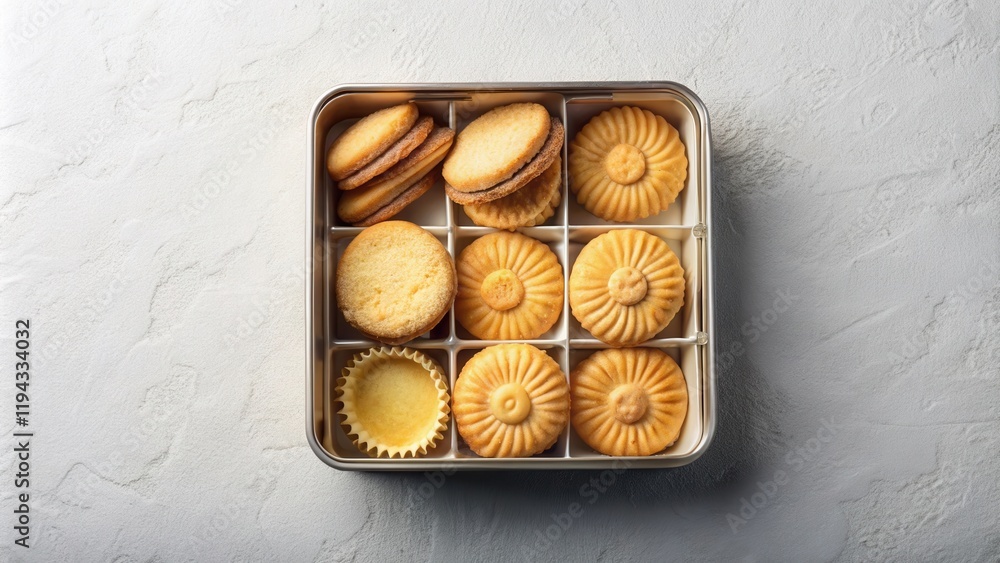 Poster assorted delicate butter cookies in a gift tin on a textured surface