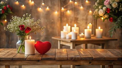 Romantic ambiance with candles, flowers, and a heart on a wooden table