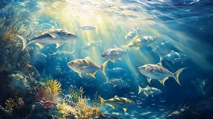 Obraz premium Sunlit School Of Fish Swimming Over Coral Reef